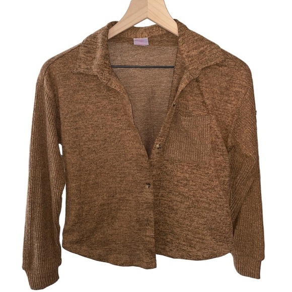 NWOT No Boundaries Cropped Knit Button Down Cardigan Sweater Pocket Soft Brown - Picture 1 of 8